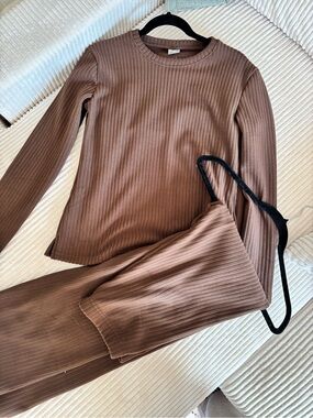 SHEIN Brown Soft Ribbed Knit Long Sleeve Top